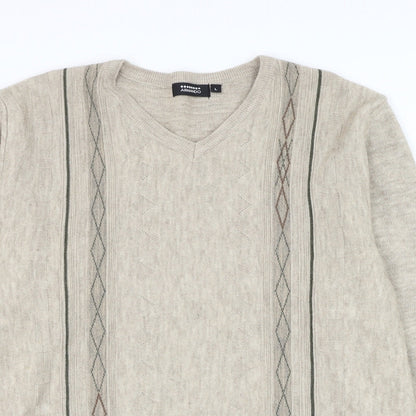 Armando Mens Brown V-Neck Geometric Acrylic Pullover Jumper Size L