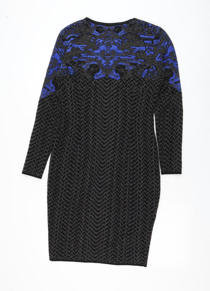 D. EXTERIOR Womens Grey Geometric Polyester Jumper Dress Size M Round Neck Pullover