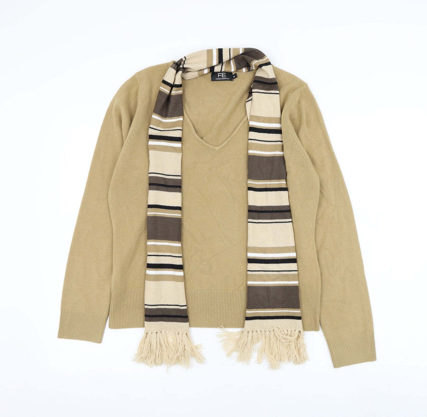 Fashion Essentials Womens Brown V-Neck Acrylic Cardigan Jumper Size M - Jumper & Scarf