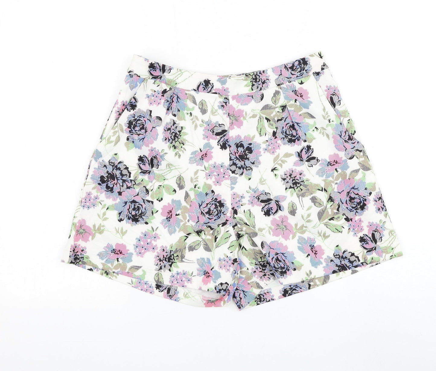 Urmodar Womens White Floral Polyester Bermuda Shorts Size M L4 in Regular Zip