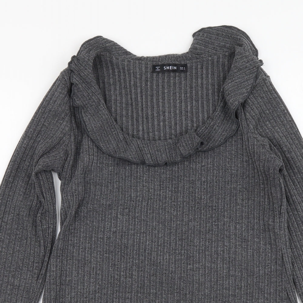 SheIn Womens Grey Polyester Basic Blouse Size S Round Neck