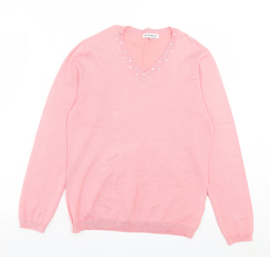 Annabelle Womens Pink V-Neck Viscose Pullover Jumper Size M