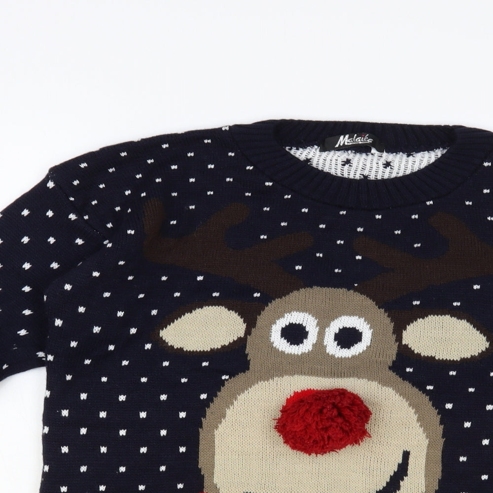 Malaika Mens Blue Crew Neck Acrylic Pullover Jumper Size M - Christmas Reindeer