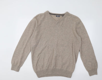 Easy Mens Beige V-Neck Acrylic Pullover Jumper Size L