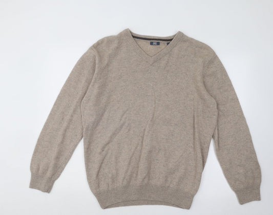 Easy Mens Beige V-Neck Acrylic Pullover Jumper Size L