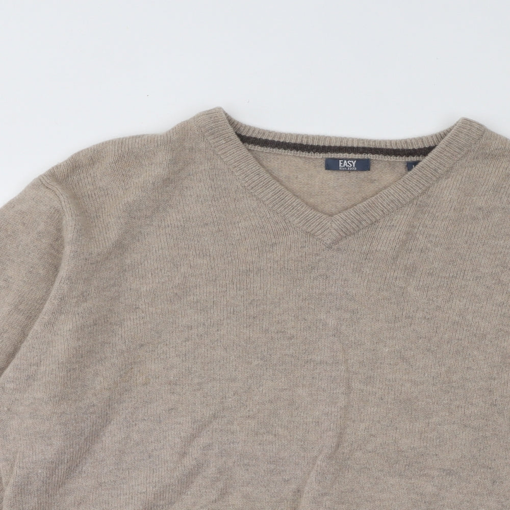Easy Mens Beige V-Neck Acrylic Pullover Jumper Size L