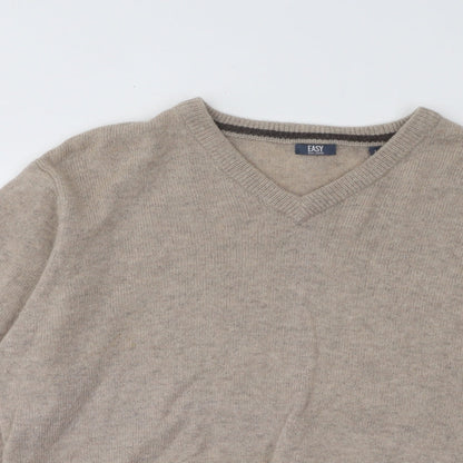 Easy Mens Beige V-Neck Acrylic Pullover Jumper Size L