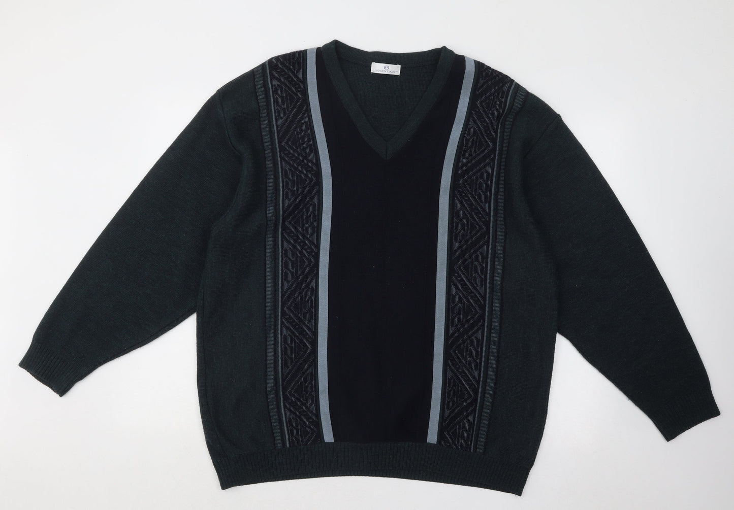 Essentials Mens Green V-Neck Geometric Acrylic Pullover Jumper Size L