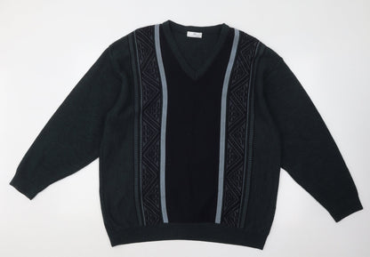 Essentials Mens Green V-Neck Geometric Acrylic Pullover Jumper Size L