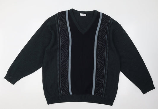 Essentials Mens Green V-Neck Geometric Acrylic Pullover Jumper Size L