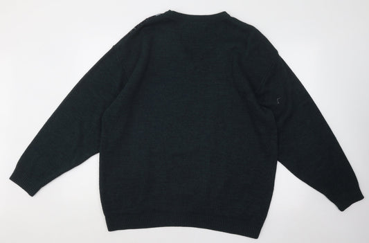 Essentials Mens Green V-Neck Geometric Acrylic Pullover Jumper Size L