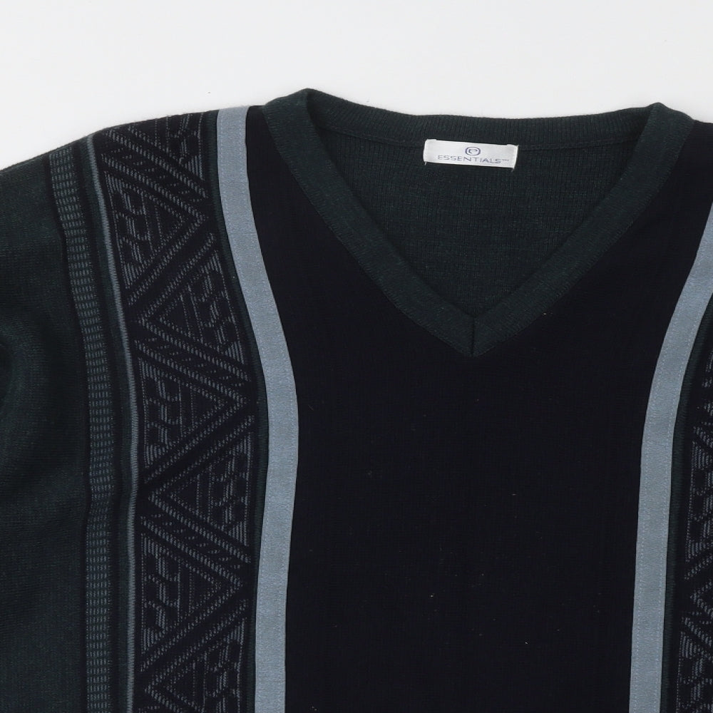 Essentials Mens Green V-Neck Geometric Acrylic Pullover Jumper Size L