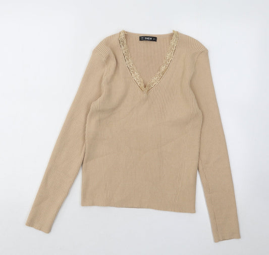 SheIn Womens Beige V-Neck Viscose Pullover Jumper Size L - Lace trim