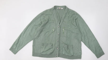 Gold Leaf Womens Green V-Neck Floral Acrylic Cardigan Jumper Size L