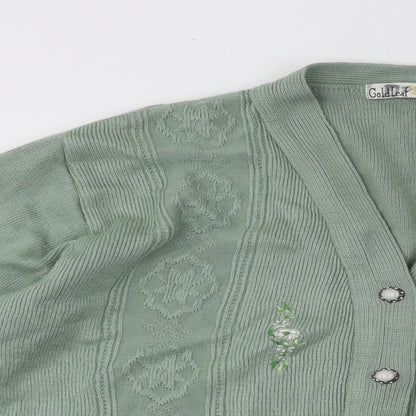 Gold Leaf Womens Green V-Neck Floral Acrylic Cardigan Jumper Size L