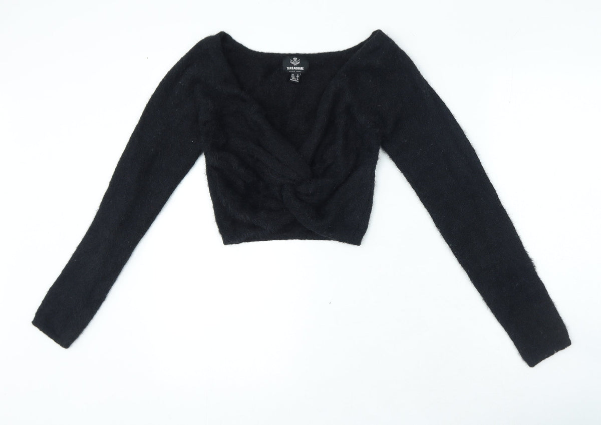 Thredbare Womens Black V-Neck Nylon Pullover Jumper Size 8