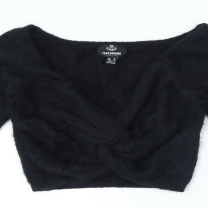 Thredbare Womens Black V-Neck Nylon Pullover Jumper Size 8
