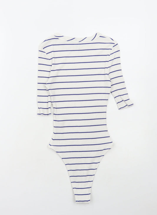 Topshop Womens White Striped Viscose Bodysuit One-Piece Size 8 Snap - Ribbed