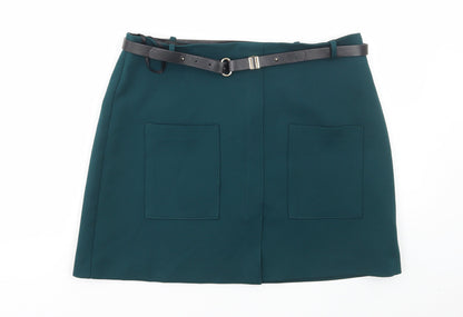 Preworn Womens Green Polyester Mini Skirt Size 34 in Zip