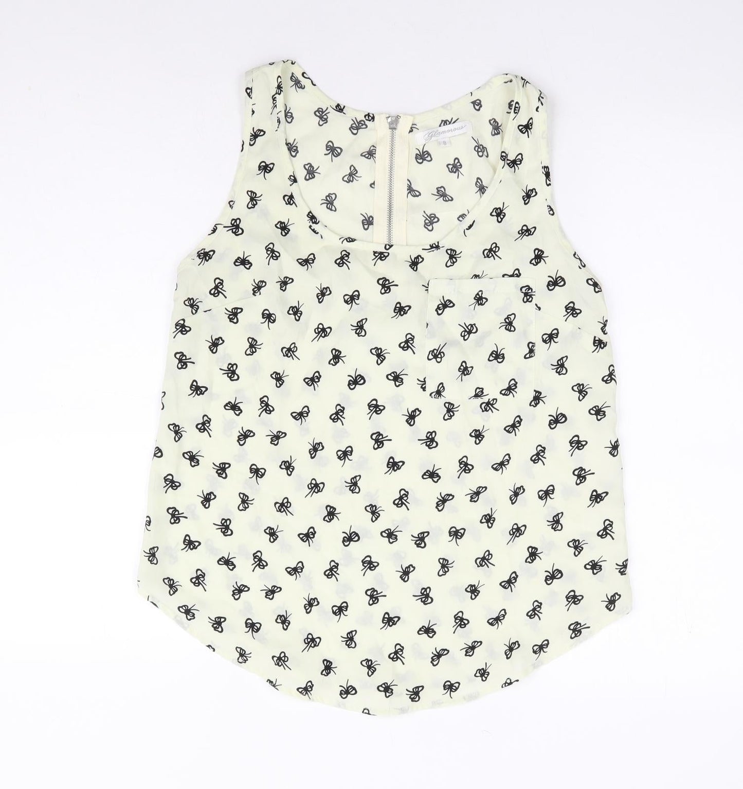 Glamorous Womens Ivory Geometric Polyester Basic Tank Size 8 Scoop Neck - Bow Print