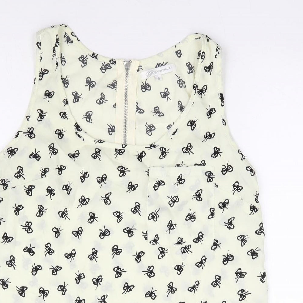 Glamorous Womens Ivory Geometric Polyester Basic Tank Size 8 Scoop Neck - Bow Print