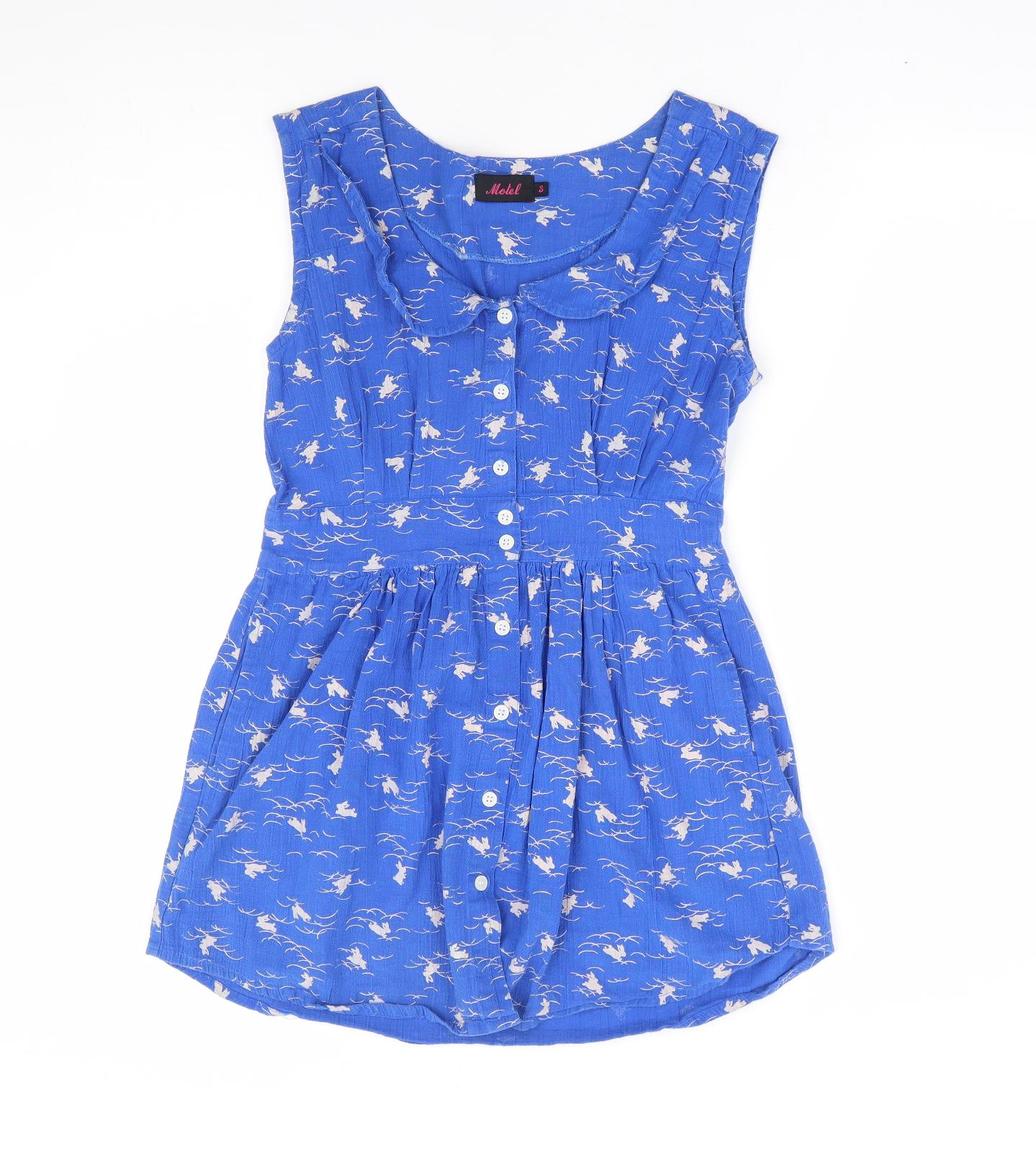 Motel Womens Blue Geometric 100% Cotton Mini Size S Collared Button - Bunny Print