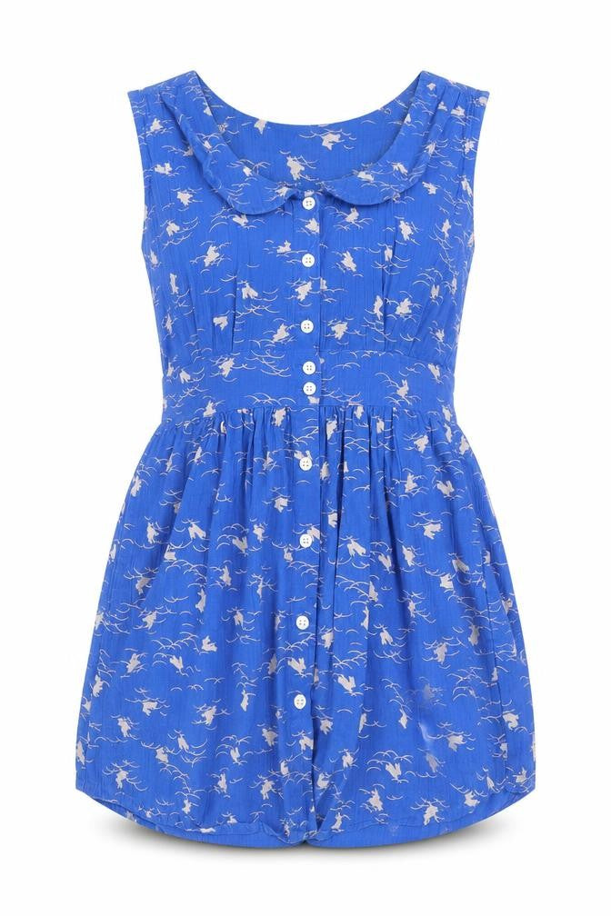 Motel Womens Blue Geometric 100% Cotton Mini Size S Collared Button - Bunny Print