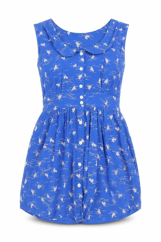 Motel Womens Blue Geometric 100% Cotton Mini Size S Collared Button - Bunny Print