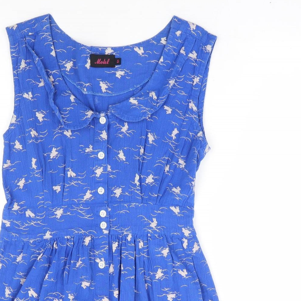 Motel Womens Blue Geometric 100% Cotton Mini Size S Collared Button - Bunny Print