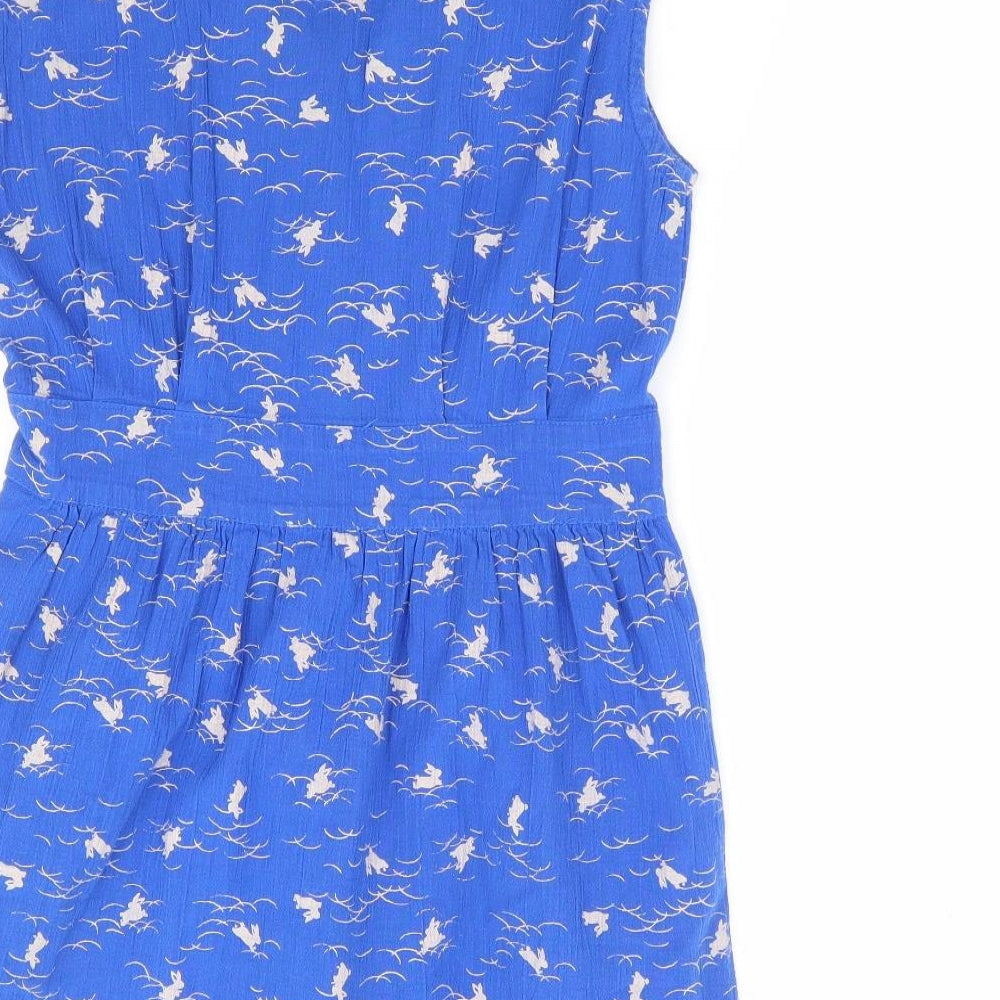 Motel Womens Blue Geometric 100% Cotton Mini Size S Collared Button - Bunny Print