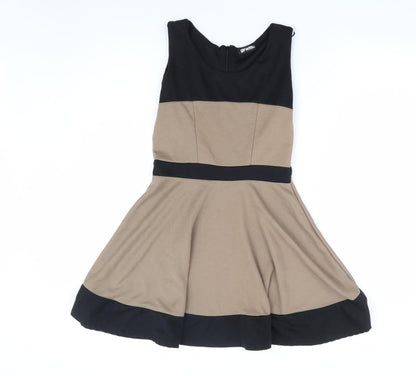 Graffic Womens Brown Polyester Skater Dress Size S Round Neck Zip