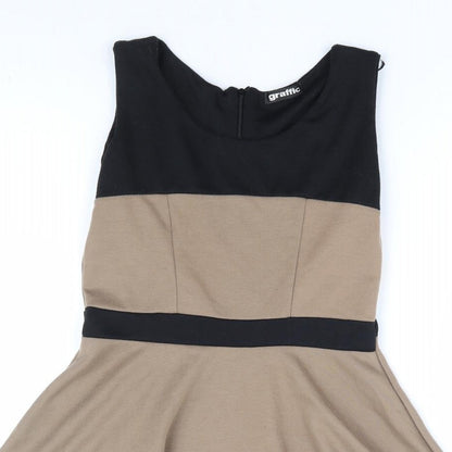 Graffic Womens Brown Polyester Skater Dress Size S Round Neck Zip