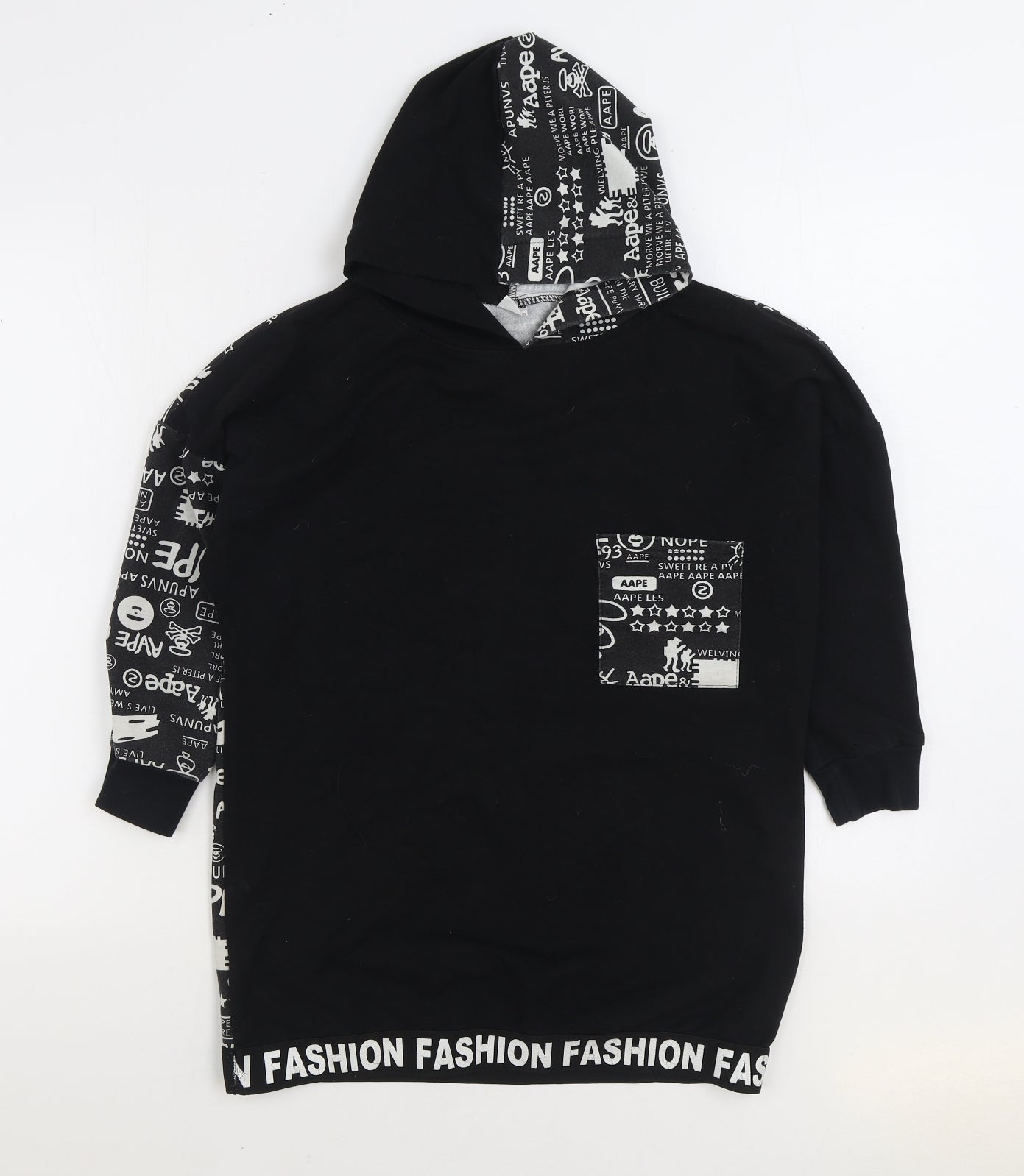 Fashion Boys Black Geometric Polyester Pullover Hoodie Size 9-10 Years Pullover - Slogan