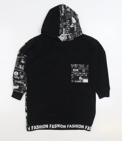 Fashion Boys Black Geometric Polyester Pullover Hoodie Size 9-10 Years Pullover - Slogan
