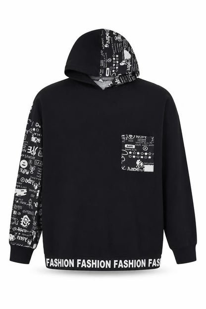 Fashion Boys Black Geometric Polyester Pullover Hoodie Size 9-10 Years Pullover - Slogan