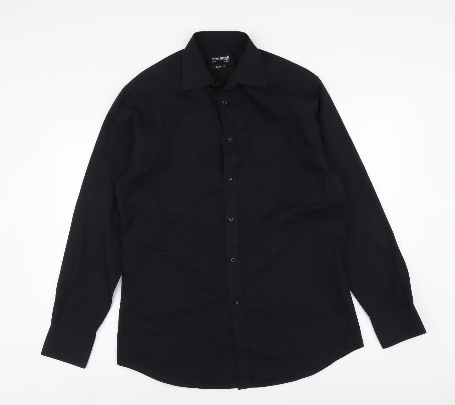Mens UK Size 15 Collection Black  Button-Up Long Sleeve Casual Shirt