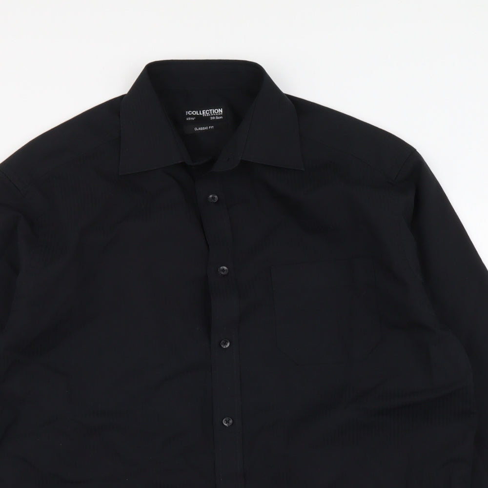 Mens UK Size 15 Collection Black  Button-Up Long Sleeve Casual Shirt