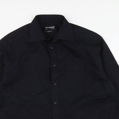 Mens UK Size 15 Collection Black  Button-Up Long Sleeve Casual Shirt