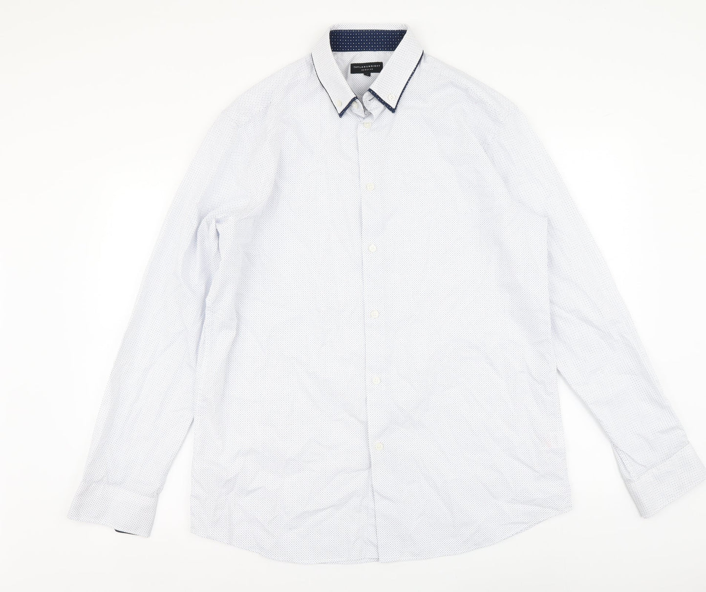 Taylor & Wright Mens White Polka Dot Polyester Button-Up Size 16 Collared Button