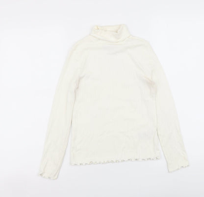 Marks and Spencer Girls Ivory Cotton Basic T-Shirt Size 9-10 Years Roll Neck Pullover