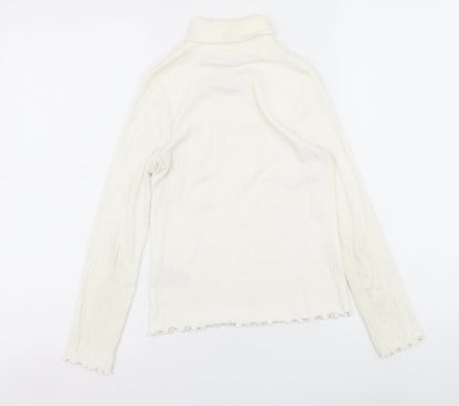 Marks and Spencer Girls Ivory Cotton Basic T-Shirt Size 9-10 Years Roll Neck Pullover
