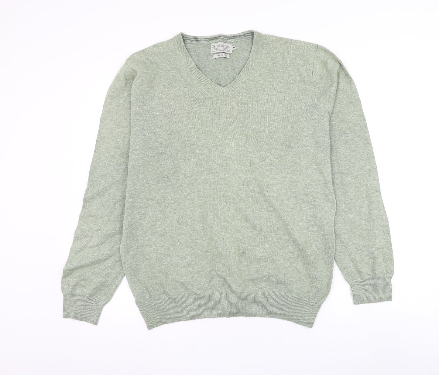 TU Mens Green V-Neck Cotton Pullover Jumper Size M