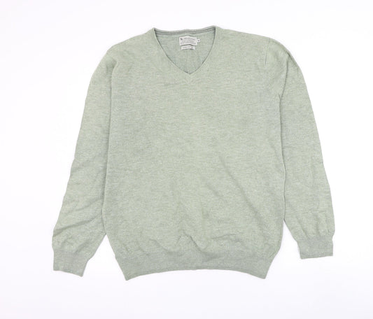 TU Mens Green V-Neck Cotton Pullover Jumper Size M