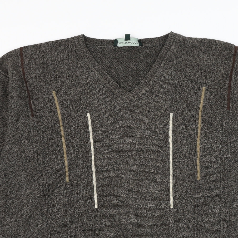 Greenwoods Mens Brown V-Neck Cotton Pullover Jumper Size M
