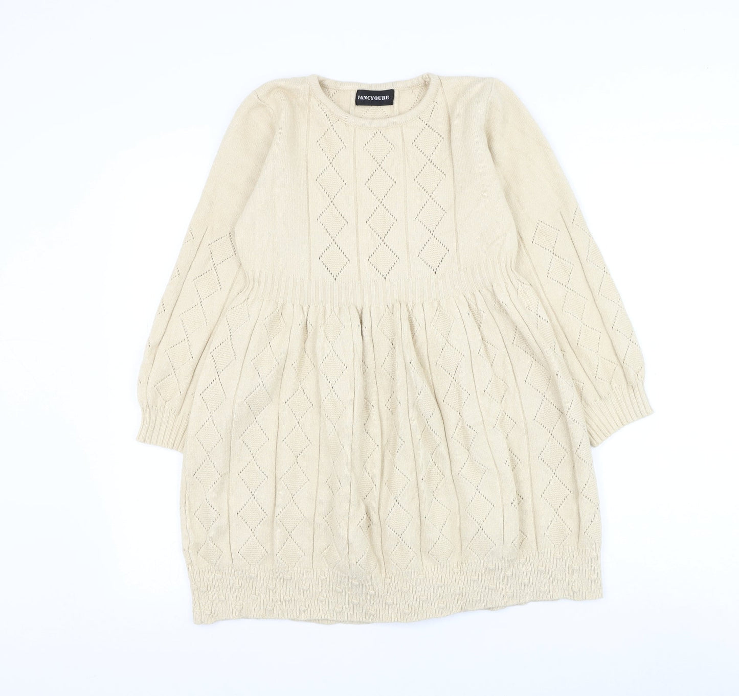 Fancyqube Girls Beige Argyle/Diamond Cotton Jumper Dress Size L Round Neck Pullover
