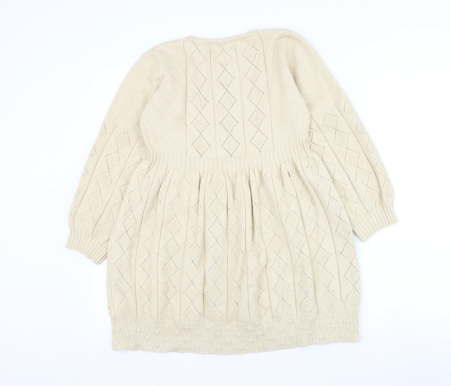 Fancyqube Girls Beige Argyle/Diamond Cotton Jumper Dress Size L Round Neck Pullover