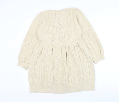 Fancyqube Girls Beige Argyle/Diamond Cotton Jumper Dress Size L Round Neck Pullover