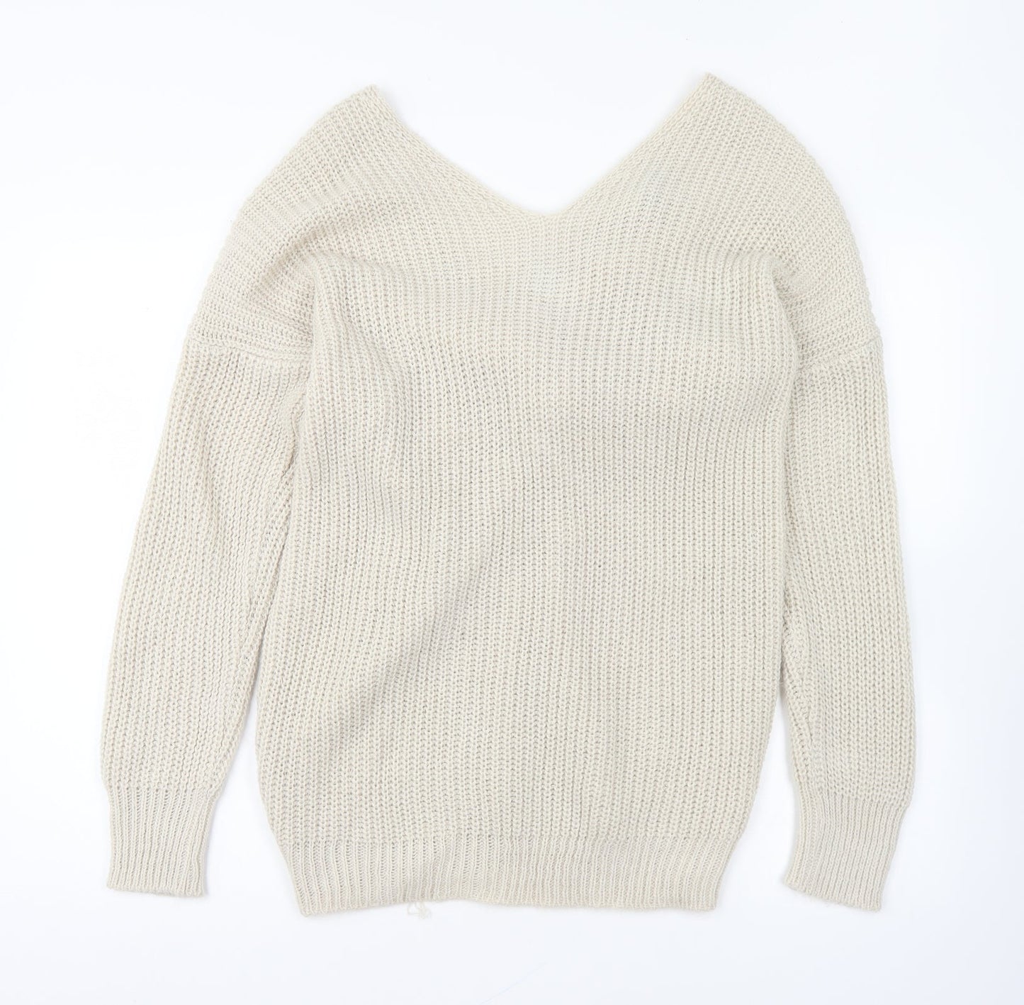 Boohoo Womens Beige V-Neck Acrylic Pullover Jumper Size S