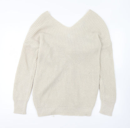 Boohoo Womens Beige V-Neck Acrylic Pullover Jumper Size S