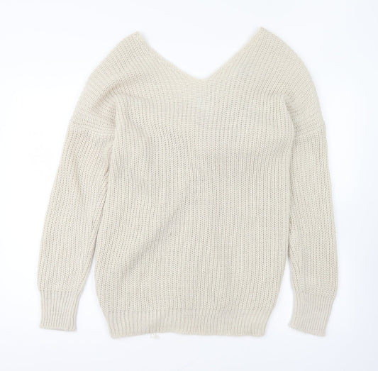 Boohoo Womens Beige V-Neck Acrylic Pullover Jumper Size S